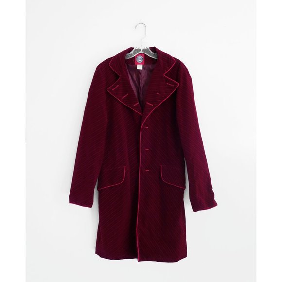 Red Balls on Fire Jackets & Blazers - Red Balls on Fire Red Striped Velvet Velveteen Long Blazer Coat XS Extra Small